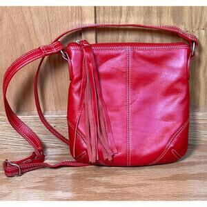 ILI Red Leather Crossbody Bag with Tassel Accent New